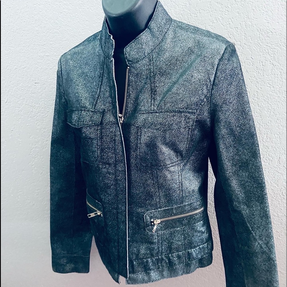 D2K Suede Leather blue/gray Shiny Metallic Moto Jacket - XS